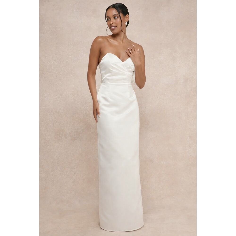 Lulus Profound Love White Satin Pleated Strapless Sleeve Maxi Dress Bridal Sz L